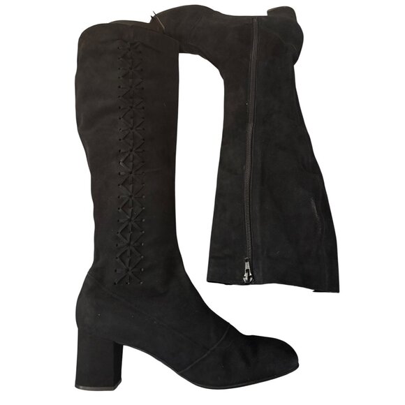Crown Europa Navy Knee-High Suede Boots With Embroidered Detail Block Heel - Picture 4 of 12